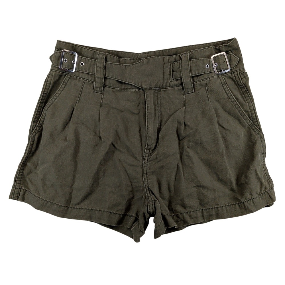 Current/Elliott Olive Green Cotton‎ Linen Buckle Waist Pleated Shorts Womens 27